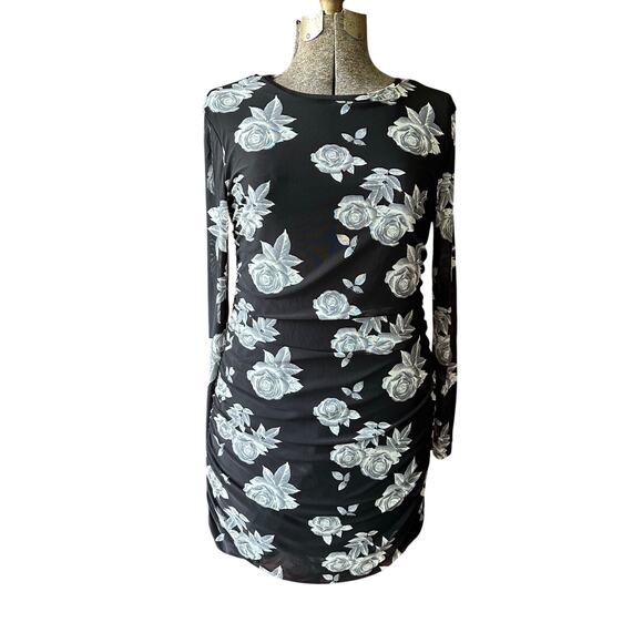 Black Floral Bodycon Mini Dress Long Sleeve Ruched Stretchy XL Whimsygoth, Party - Picture 1 of 6
